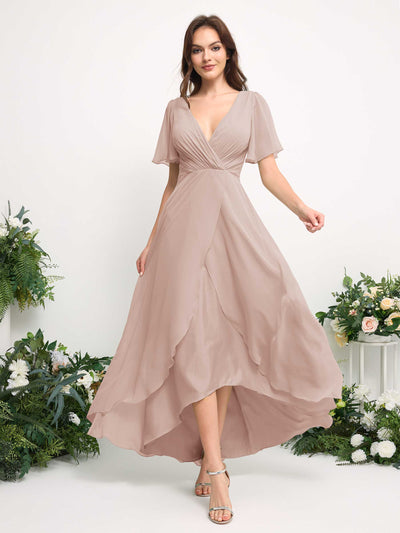 Carlyna A-Linien-Kleid Chiffon V-Ausschnitt Bodenlang Brautjungfernkleid Biscotti #farbe_biscotti