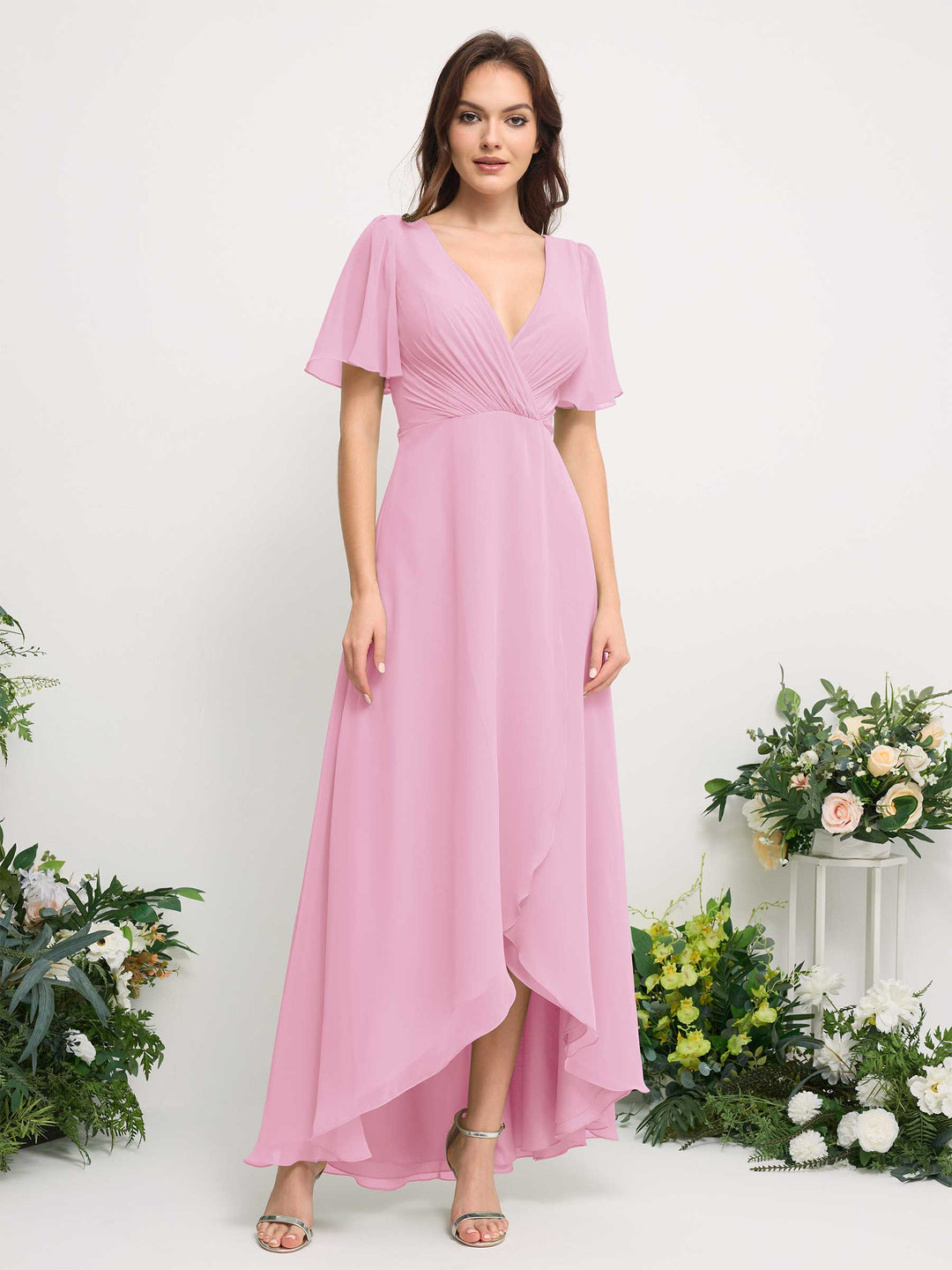 Carlyna A-Linien-Kleid Chiffon V-Ausschnitt Bodenlang Brautjungfernkleid Bonbonrosa 
