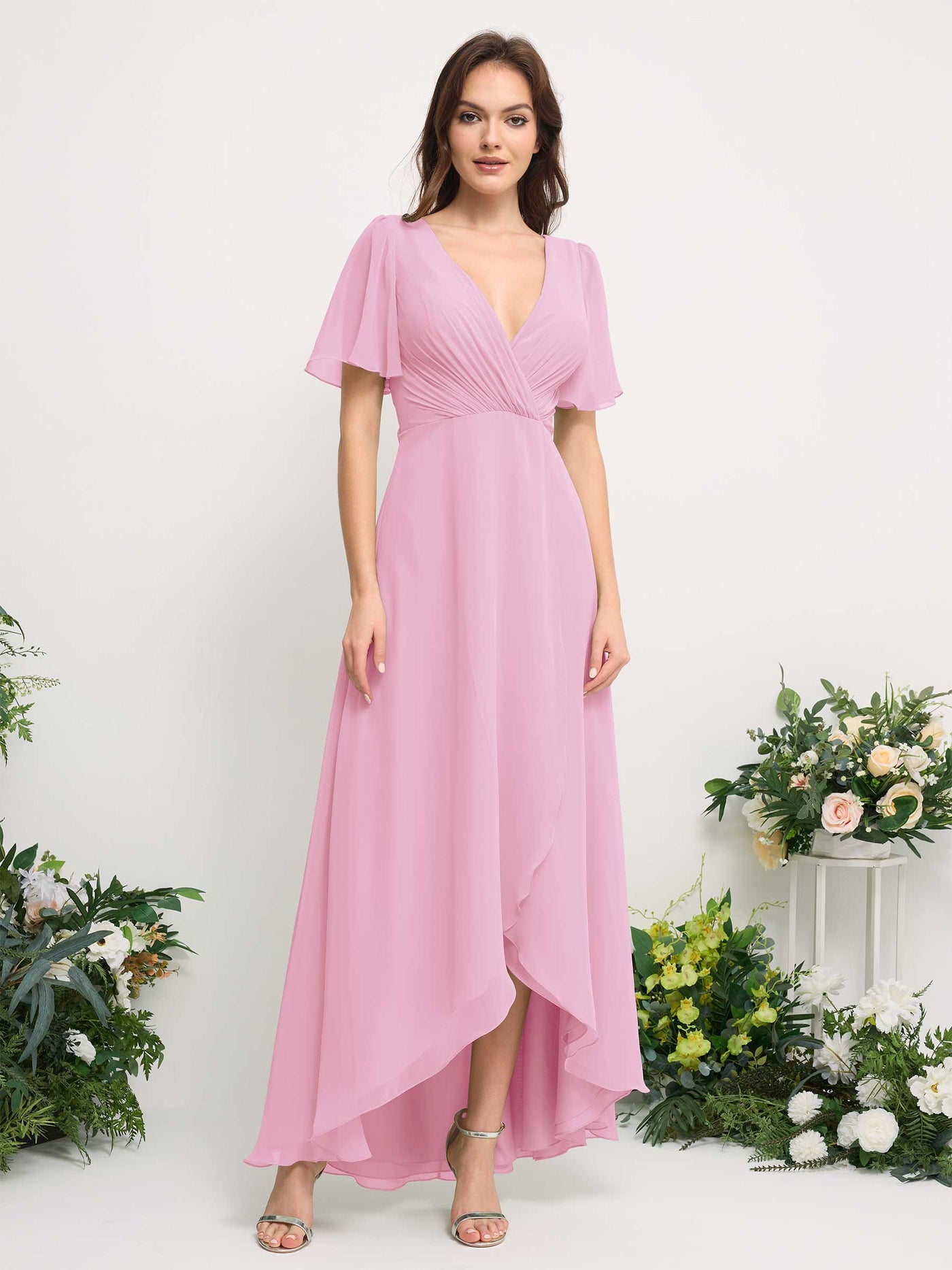 Carlyna A-Linien-Kleid Chiffon V-Ausschnitt Bodenlang Brautjungfernkleid Bonbonrosa #farbe_bonbonrosa