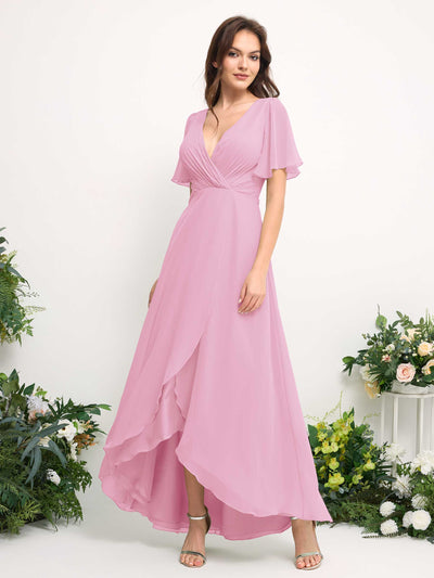 Carlyna A-Linien-Kleid Chiffon V-Ausschnitt Bodenlang Brautjungfernkleid Bonbonrosa #farbe_bonbonrosa