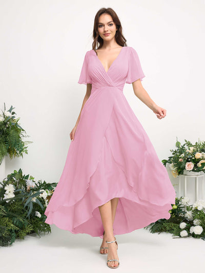 Carlyna A-Linien-Kleid Chiffon V-Ausschnitt Bodenlang Brautjungfernkleid Bonbonrosa #farbe_bonbonrosa