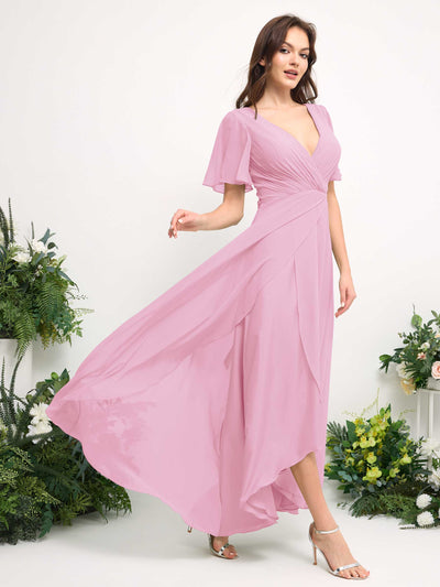 Carlyna A-Linien-Kleid Chiffon V-Ausschnitt Bodenlang Brautjungfernkleid Bonbonrosa #farbe_bonbonrosa