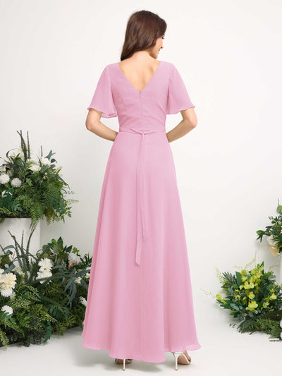 Carlyna A-Linien-Kleid Chiffon V-Ausschnitt Bodenlang Brautjungfernkleid Bonbonrosa #farbe_bonbonrosa