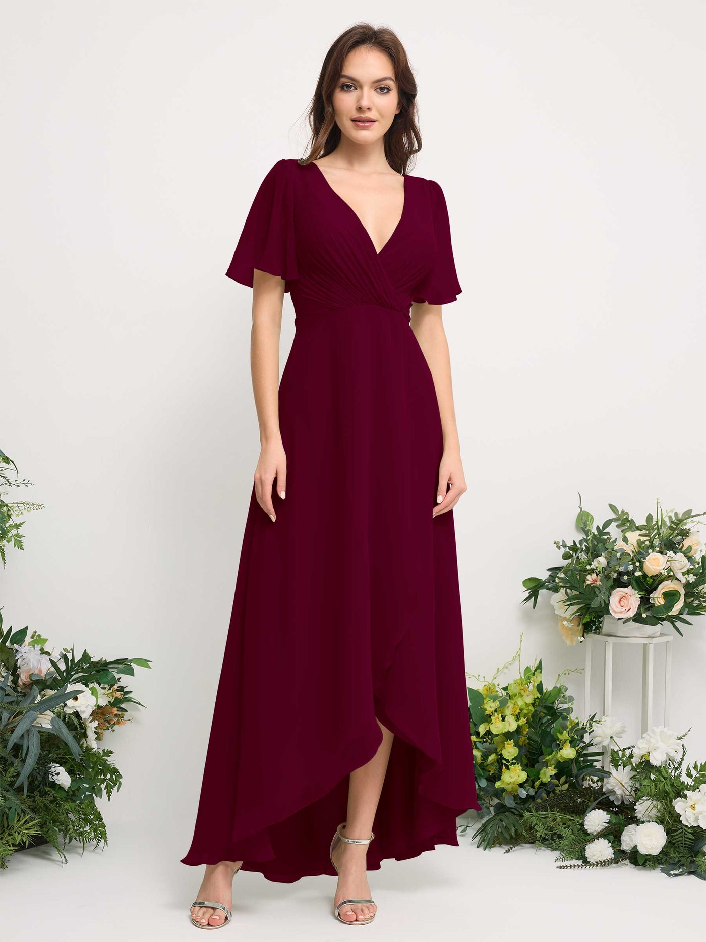 Carlyna A-Linien-Kleid Chiffon V-Ausschnitt Bodenlang Brautjungfernkleid Burgunderrot #farbe_burgunderrot