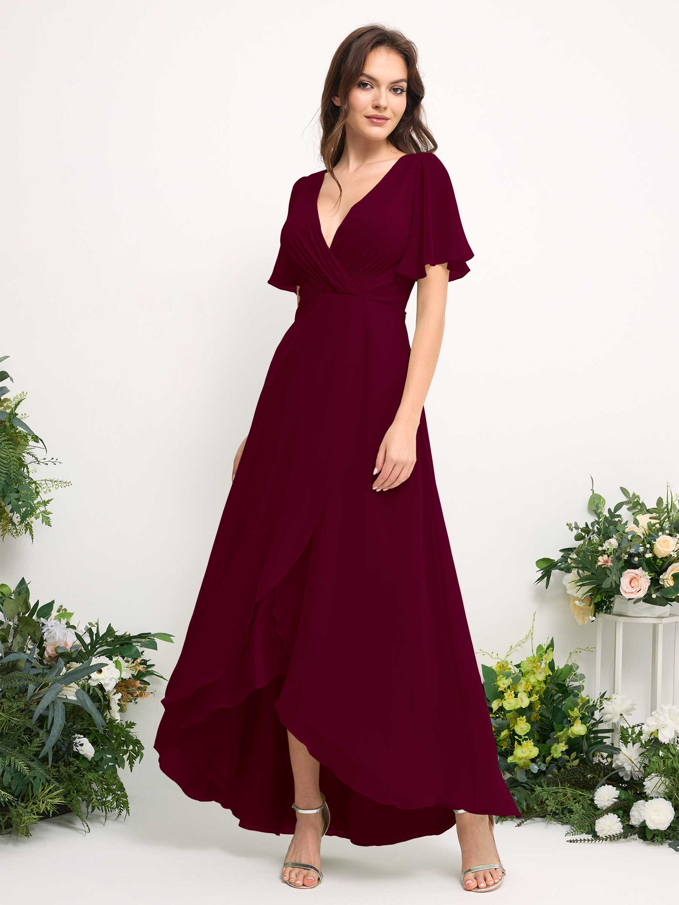 Carlyna A-Linien-Kleid Chiffon V-Ausschnitt Bodenlang Brautjungfernkleid Burgunderrot #farbe_burgunderrot
