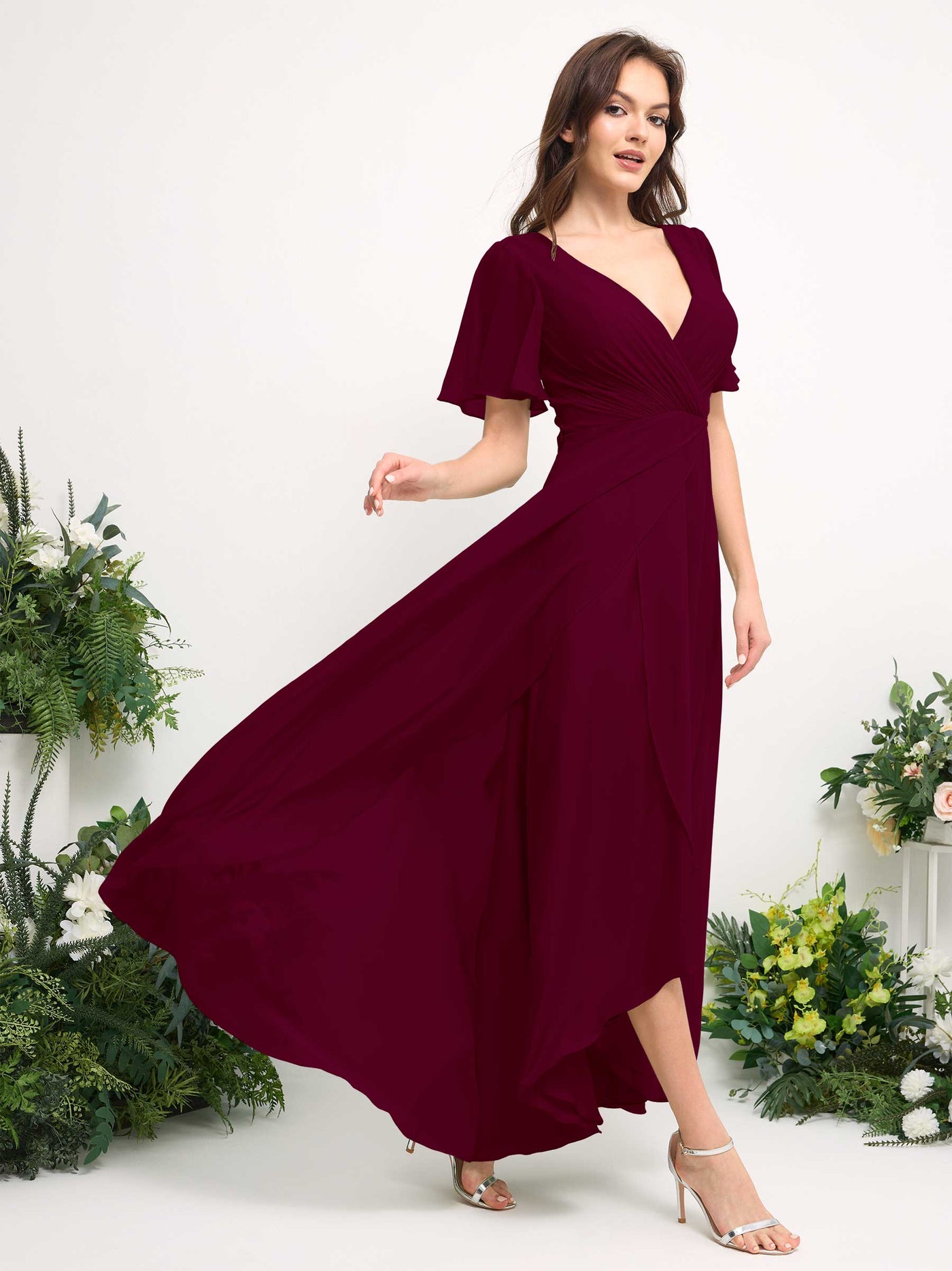 Carlyna A-Linien-Kleid Chiffon V-Ausschnitt Bodenlang Brautjungfernkleid Burgunderrot #farbe_burgunderrot