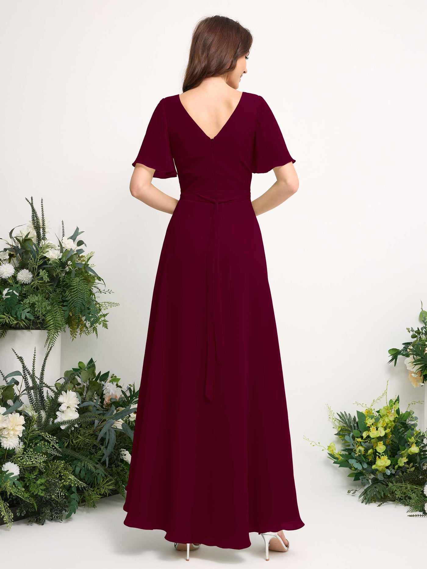 Carlyna A-Linien-Kleid Chiffon V-Ausschnitt Bodenlang Brautjungfernkleid Burgunderrot #farbe_burgunderrot