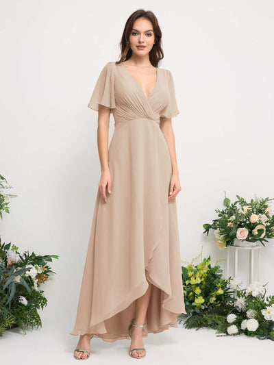 Carlyna A-Linien-Kleid Chiffon V-Ausschnitt Bodenlang Brautjungfernkleid Champagner #farbe_champagner