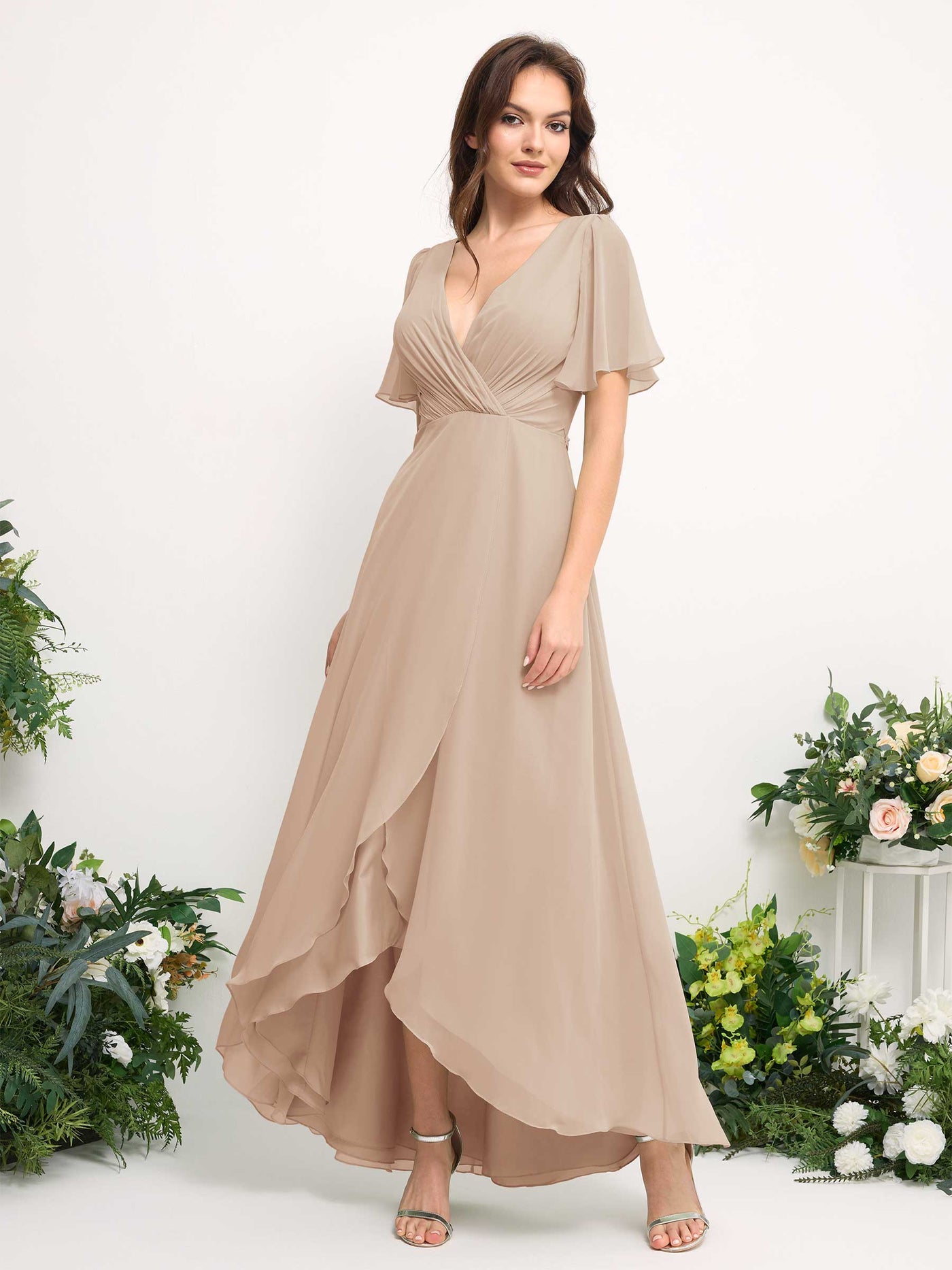 Carlyna A-Linien-Kleid Chiffon V-Ausschnitt Bodenlang Brautjungfernkleid Champagner #farbe_champagner