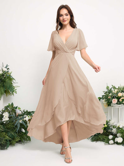 Carlyna A-Linien-Kleid Chiffon V-Ausschnitt Bodenlang Brautjungfernkleid Champagner #farbe_champagner