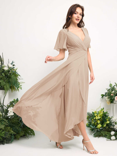 Carlyna A-Linien-Kleid Chiffon V-Ausschnitt Bodenlang Brautjungfernkleid Champagner #farbe_champagner