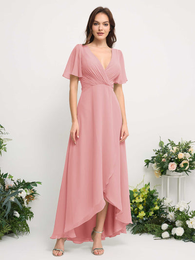 Carlyna A-Linien-Kleid Chiffon V-Ausschnitt Bodenlang Brautjungfernkleid Champagner-Rose #farbe_champagner-rose