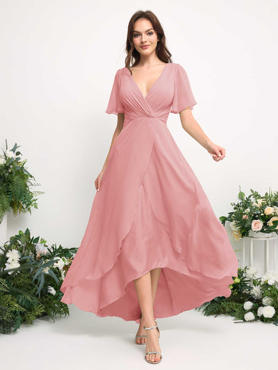 Carlyna A-Linien-Kleid Chiffon V-Ausschnitt Bodenlang Brautjungfernkleid Champagner-Rose #farbe_champagner-rose