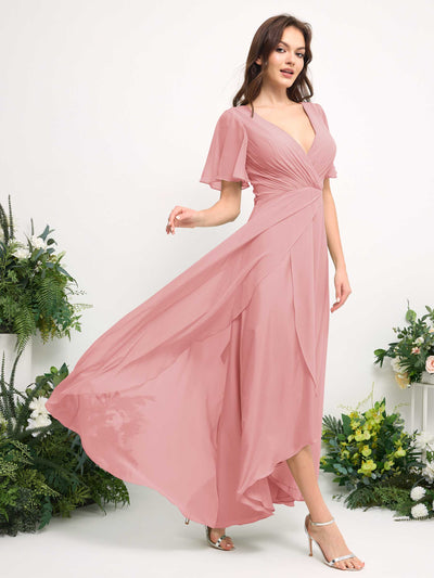 Carlyna A-Linien-Kleid Chiffon V-Ausschnitt Bodenlang Brautjungfernkleid Champagner-Rose #farbe_champagner-rose