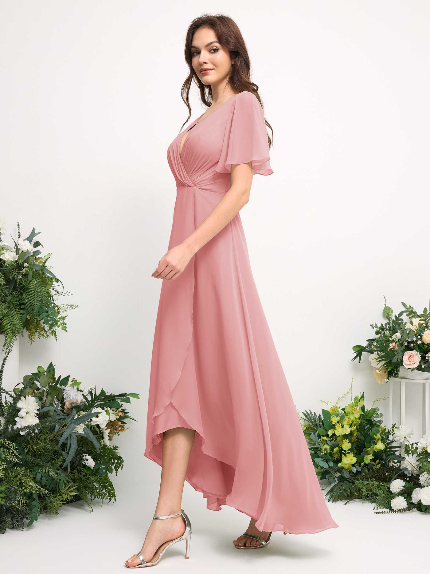 Carlyna A-Linien-Kleid Chiffon V-Ausschnitt Bodenlang Brautjungfernkleid Champagner-Rose #farbe_champagner-rose