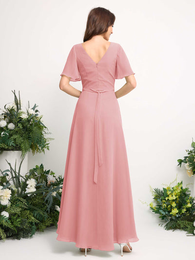 Carlyna A-Linien-Kleid Chiffon V-Ausschnitt Bodenlang Brautjungfernkleid Champagner-Rose #farbe_champagner-rose