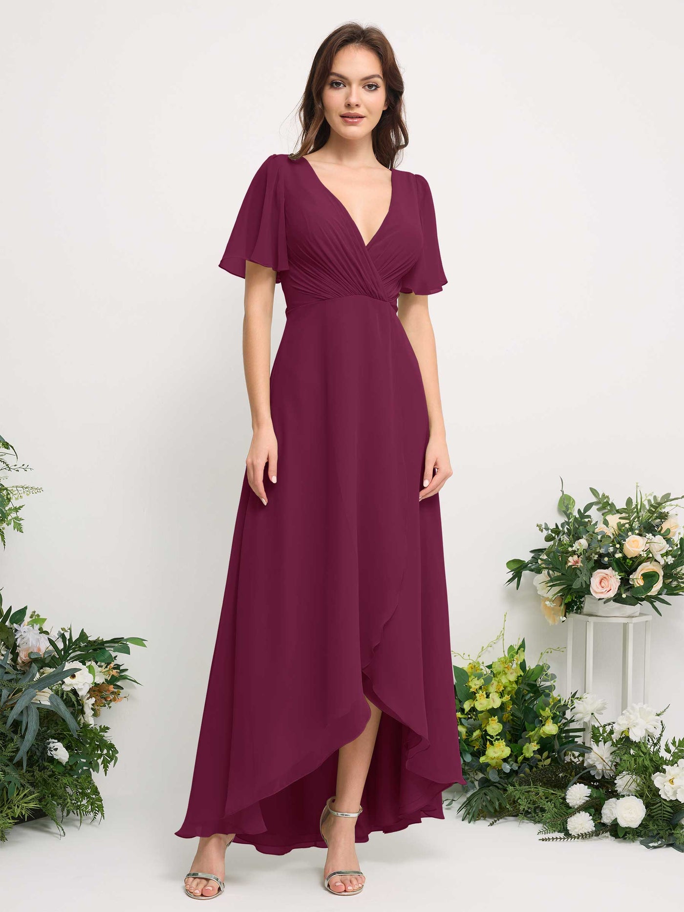 Carlyna A-Linien-Kleid Chiffon V-Ausschnitt Bodenlang Brautjungfernkleid Chianti #farbe_chianti
