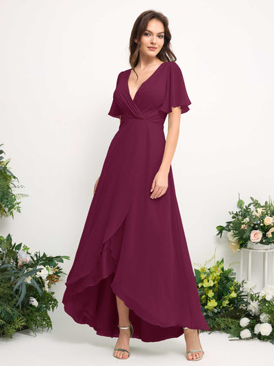 Carlyna A-Linien-Kleid Chiffon V-Ausschnitt Bodenlang Brautjungfernkleid Chianti #farbe_chianti