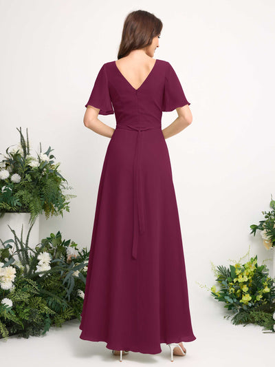 Carlyna A-Linien-Kleid Chiffon V-Ausschnitt Bodenlang Brautjungfernkleid Chianti #farbe_chianti