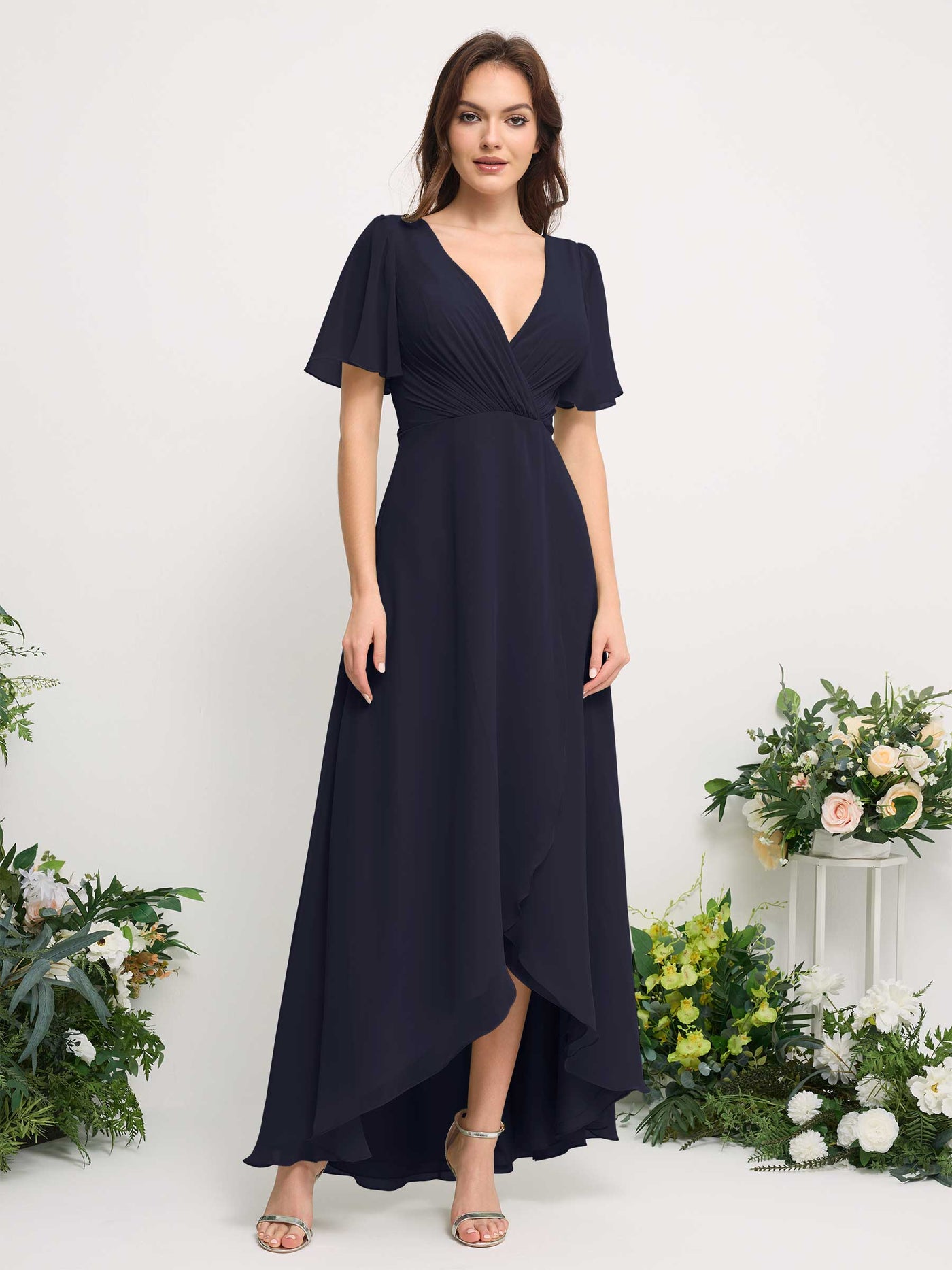 Carlyna A-Linien-Kleid Chiffon V-Ausschnitt Bodenlang Brautjungfernkleid Dunkel Marineblau #farbe_dunkel-marineblau