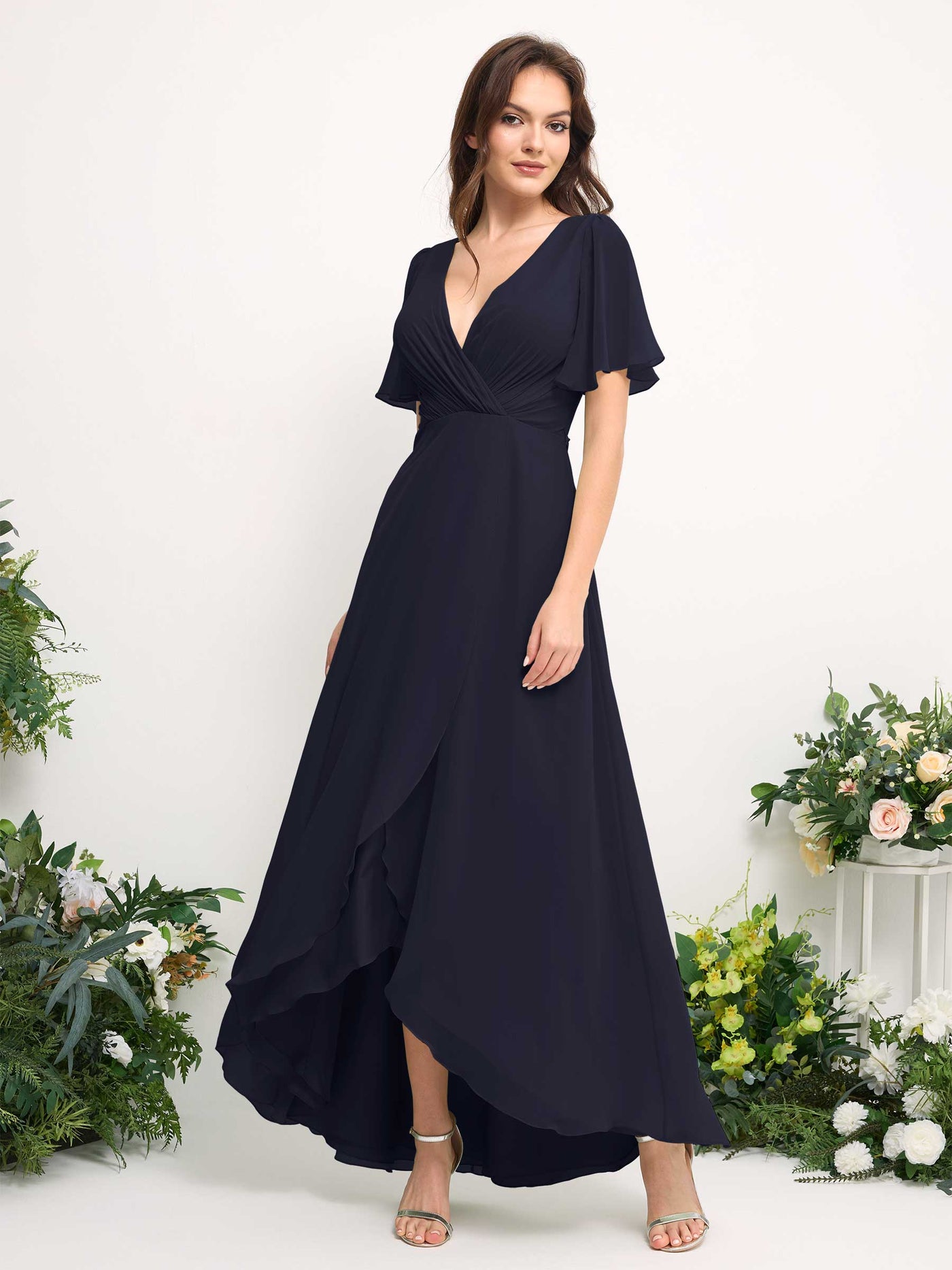 Carlyna A-Linien-Kleid Chiffon V-Ausschnitt Bodenlang Brautjungfernkleid Dunkel Marineblau #farbe_dunkel-marineblau