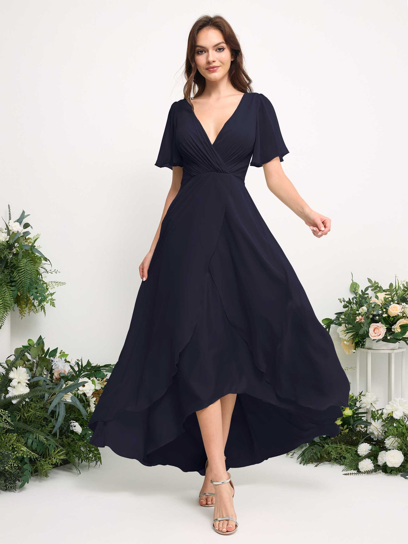 Carlyna A-Linien-Kleid Chiffon V-Ausschnitt Bodenlang Brautjungfernkleid Dunkel Marineblau #farbe_dunkel-marineblau