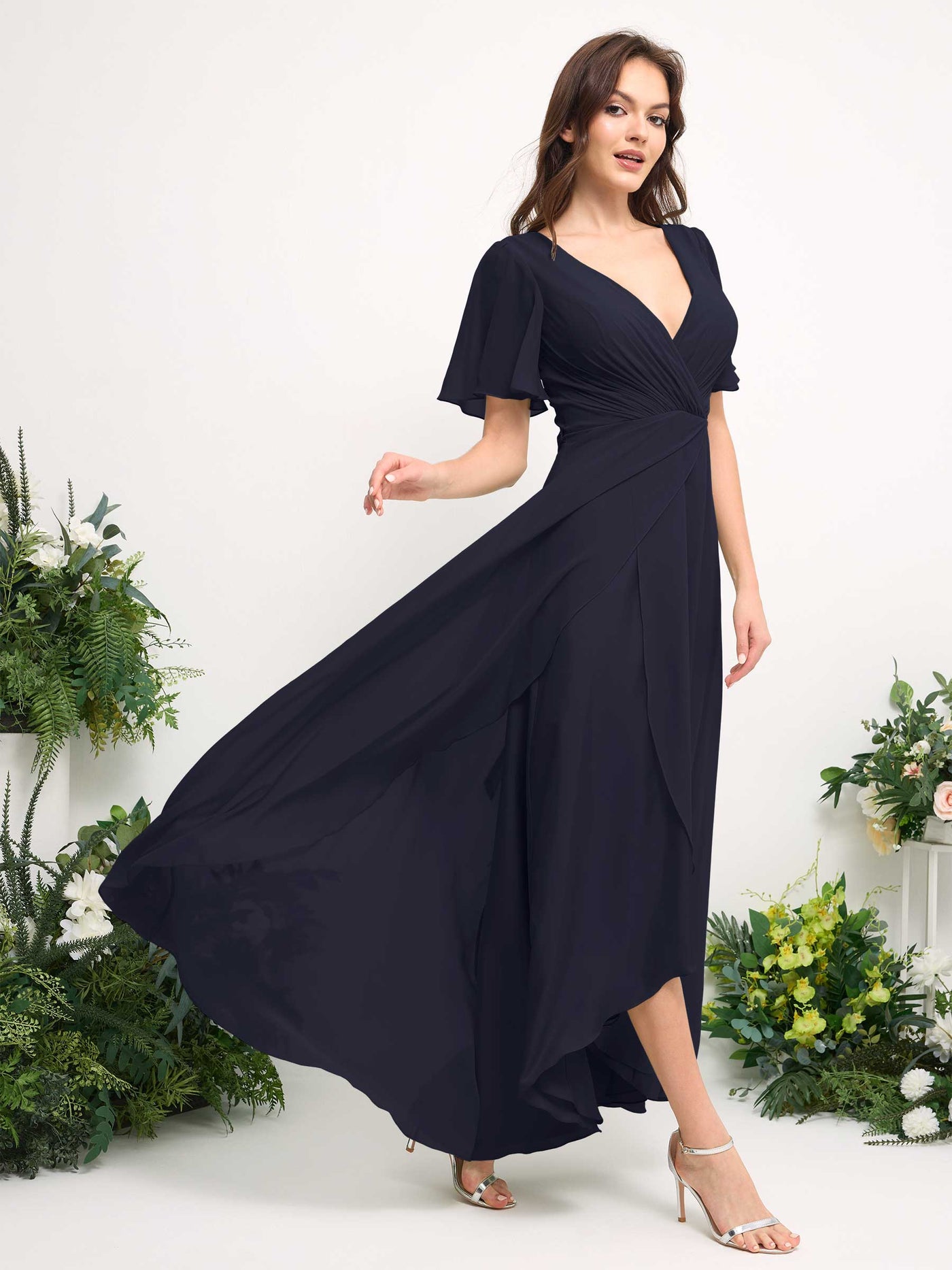 Carlyna A-Linien-Kleid Chiffon V-Ausschnitt Bodenlang Brautjungfernkleid Dunkel Marineblau #farbe_dunkel-marineblau