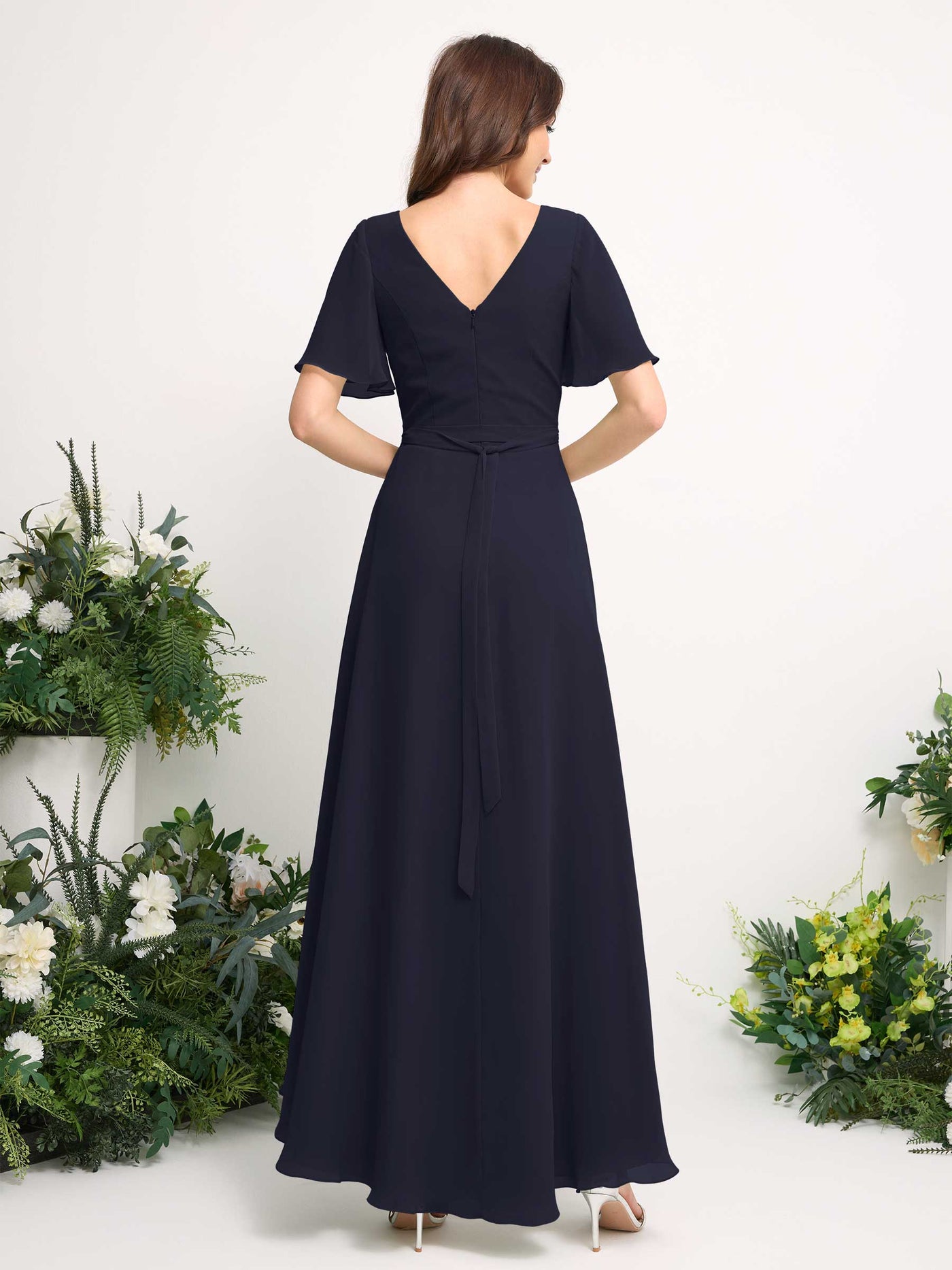 Carlyna A-Linien-Kleid Chiffon V-Ausschnitt Bodenlang Brautjungfernkleid Dunkel Marineblau #farbe_dunkel-marineblau
