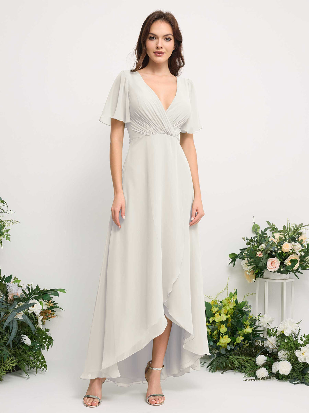 Carlyna A-Linien-Kleid Chiffon V-Ausschnitt Bodenlang Brautjungfernkleid Elfenbein 