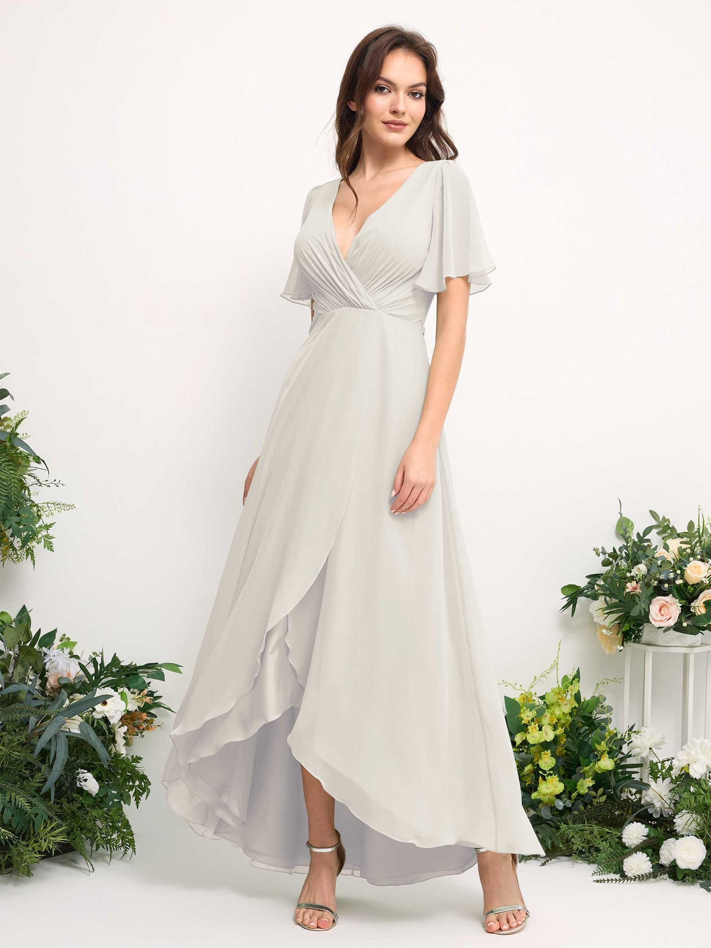 Carlyna A-Linien-Kleid Chiffon V-Ausschnitt Bodenlang Brautjungfernkleid Elfenbein #farbe_elfenbein