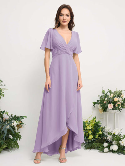 Carlyna A-Linien-Kleid Chiffon V-Ausschnitt Bodenlang Brautjungfernkleid Flieder #farbe_flieder