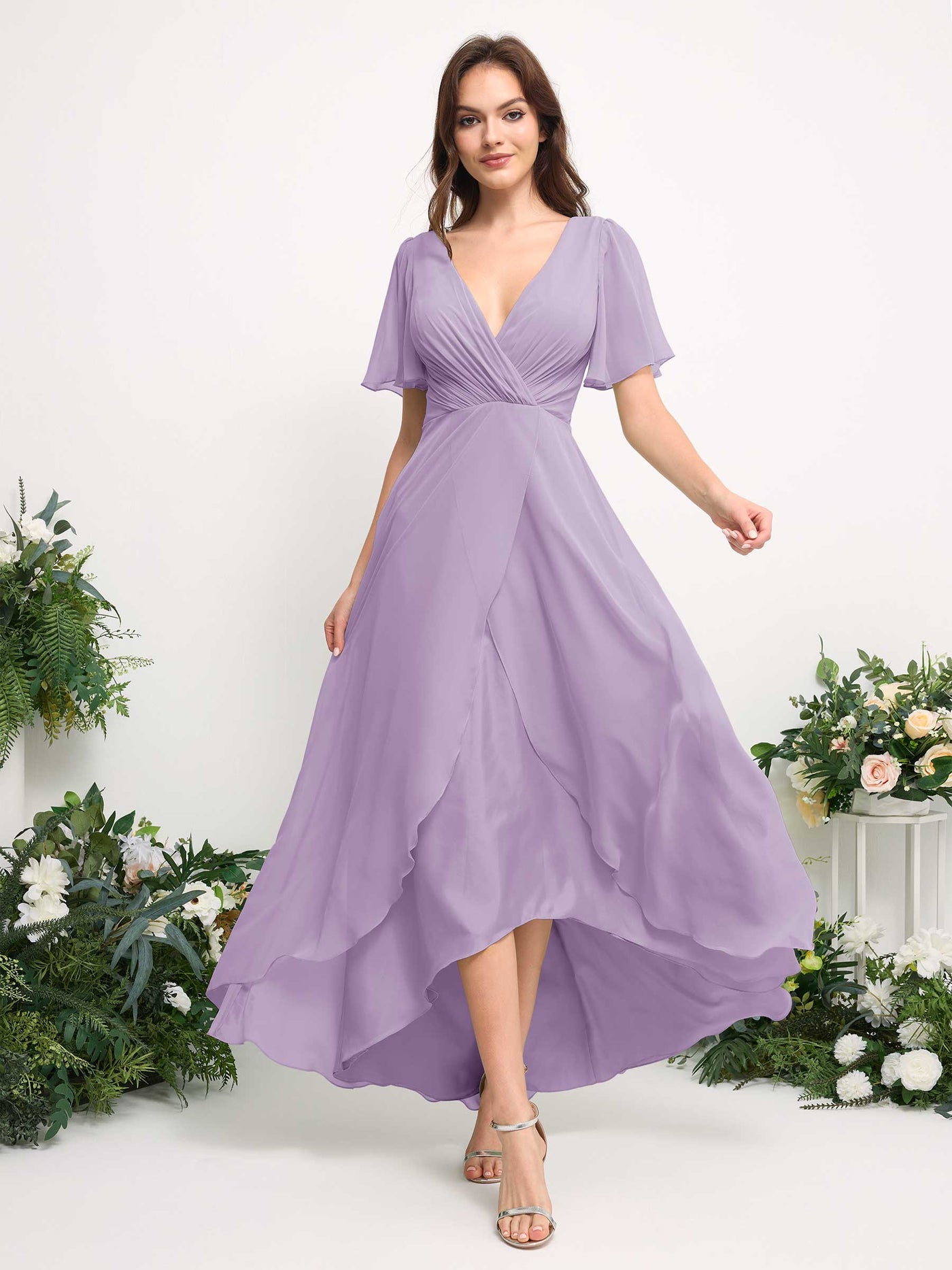 Carlyna A-Linien-Kleid Chiffon V-Ausschnitt Bodenlang Brautjungfernkleid Flieder #farbe_flieder