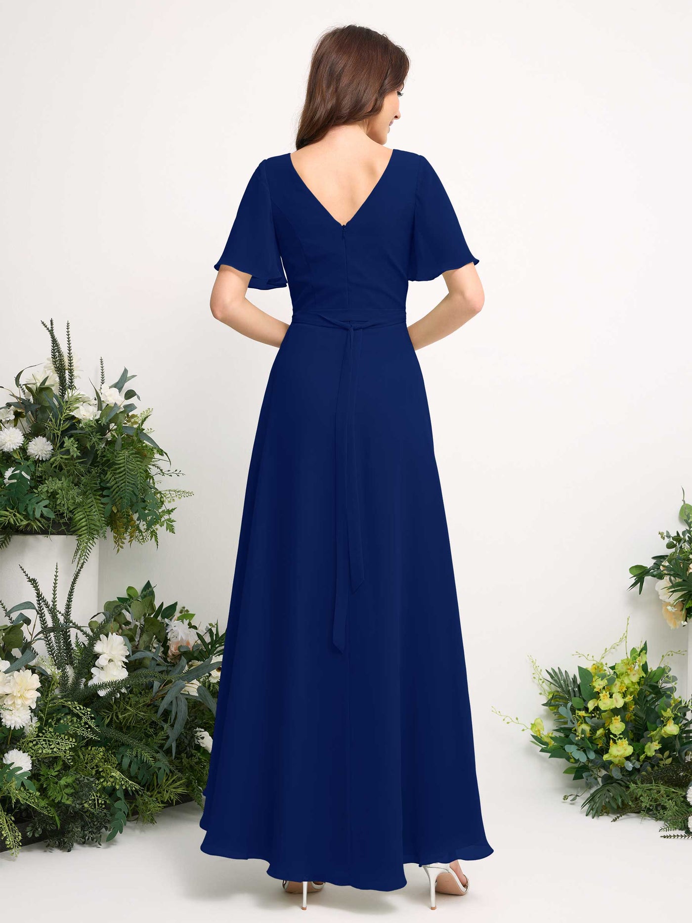 Carlyna A-Linien-Kleid Chiffon V-Ausschnitt Bodenlang Brautjungfernkleid Königsblau #farbe_k-nigsblau