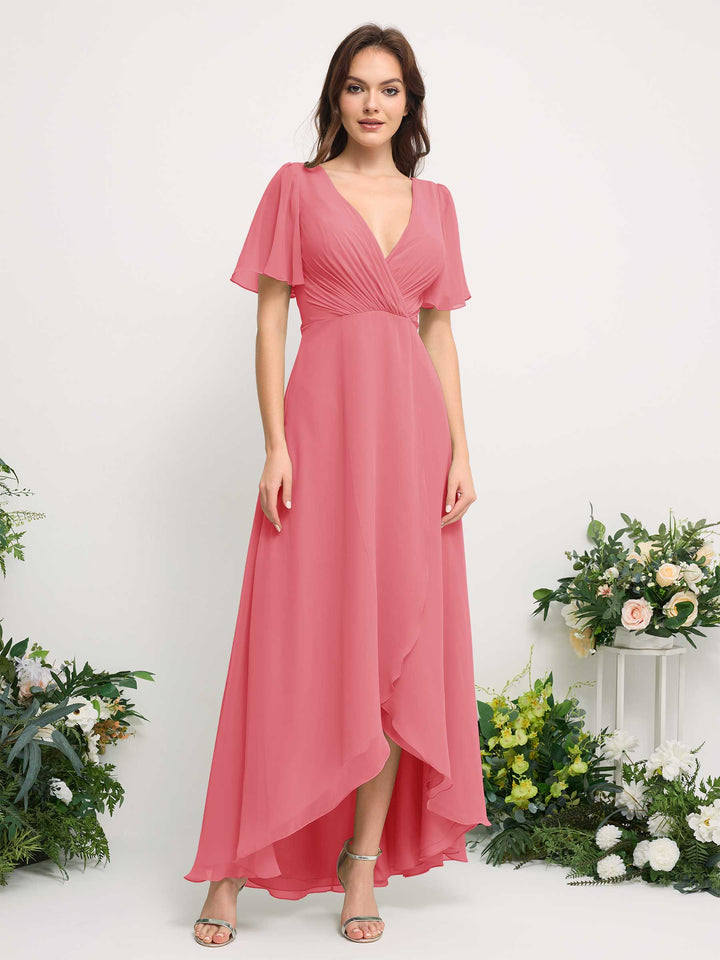 Carlyna A-Linien-Kleid Chiffon V-Ausschnitt Bodenlang Brautjungfernkleid Korallenrosa 