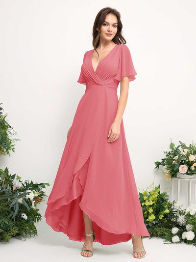 Carlyna A-Linien-Kleid Chiffon V-Ausschnitt Bodenlang Brautjungfernkleid Korallenrosa #farbe_korallenrosa