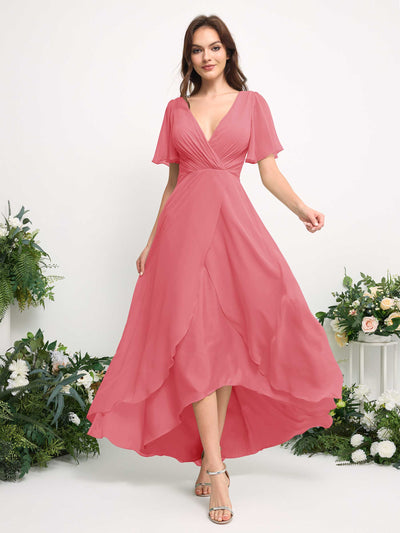 Carlyna A-Linien-Kleid Chiffon V-Ausschnitt Bodenlang Brautjungfernkleid Korallenrosa #farbe_korallenrosa