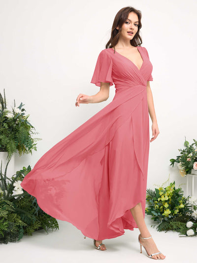 Carlyna A-Linien-Kleid Chiffon V-Ausschnitt Bodenlang Brautjungfernkleid Korallenrosa #farbe_korallenrosa