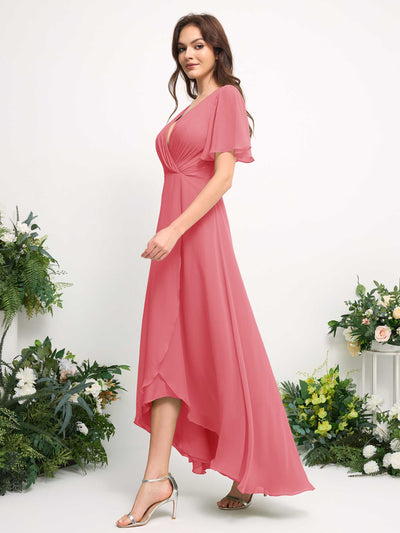 Carlyna A-Linien-Kleid Chiffon V-Ausschnitt Bodenlang Brautjungfernkleid Korallenrosa #farbe_korallenrosa