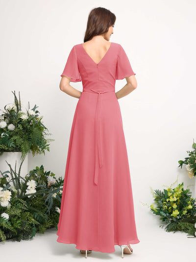 Carlyna A-Linien-Kleid Chiffon V-Ausschnitt Bodenlang Brautjungfernkleid Korallenrosa #farbe_korallenrosa