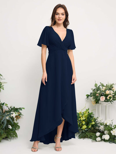 Carlyna A-Linien-Kleid Chiffon V-Ausschnitt Bodenlang Brautjungfernkleid Marineblau #farbe_marineblau