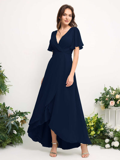 Carlyna A-Linien-Kleid Chiffon V-Ausschnitt Bodenlang Brautjungfernkleid Marineblau #farbe_marineblau