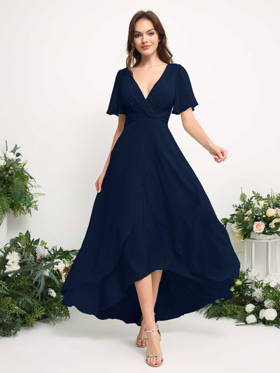 Carlyna A-Linien-Kleid Chiffon V-Ausschnitt Bodenlang Brautjungfernkleid Marineblau #farbe_marineblau