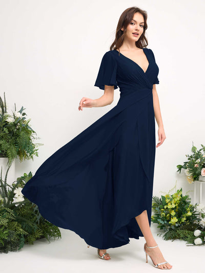 Carlyna A-Linien-Kleid Chiffon V-Ausschnitt Bodenlang Brautjungfernkleid Marineblau #farbe_marineblau