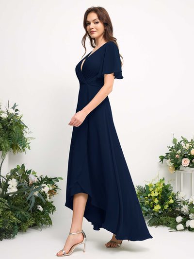 Carlyna A-Linien-Kleid Chiffon V-Ausschnitt Bodenlang Brautjungfernkleid Marineblau #farbe_marineblau