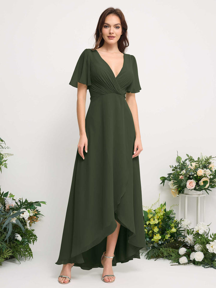 Carlyna A-Linien-Kleid Chiffon V-Ausschnitt Bodenlang Brautjungfernkleid Martini-Olive 