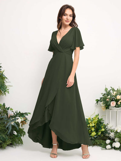 Carlyna A-Linien-Kleid Chiffon V-Ausschnitt Bodenlang Brautjungfernkleid Martini-Olive #farbe_martini-olive