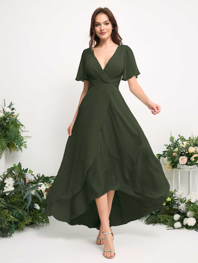 Carlyna A-Linien-Kleid Chiffon V-Ausschnitt Bodenlang Brautjungfernkleid Martini-Olive #farbe_martini-olive