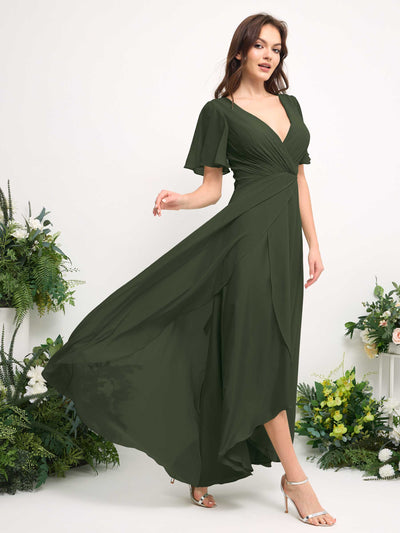 Carlyna A-Linien-Kleid Chiffon V-Ausschnitt Bodenlang Brautjungfernkleid Martini-Olive #farbe_martini-olive