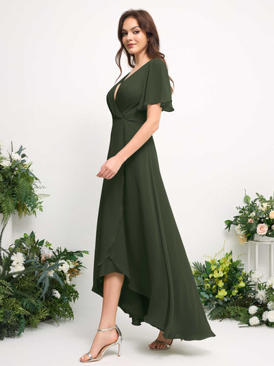 Carlyna A-Linien-Kleid Chiffon V-Ausschnitt Bodenlang Brautjungfernkleid Martini-Olive #farbe_martini-olive