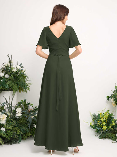 Carlyna A-Linien-Kleid Chiffon V-Ausschnitt Bodenlang Brautjungfernkleid Martini-Olive #farbe_martini-olive